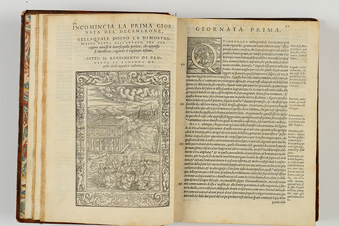 Giovanni Boccaccio, Decameron Venezia, Vincenzo Valgrisi 1555 I  dieci giovani narrano le novelle della prima giornata